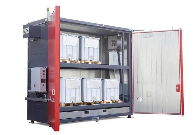 Нагревательная камера на 24 бочки по 200 литров или 6 еврокубов по 1000 литров, 2 уровня хранения, электрический обогрев ТЭНами или газом до -20 кВт, 4950x3850х1730 мм, рабочая температура нагрева до -250 ᵒС, напряжение -220/380В