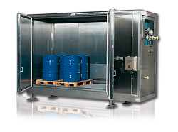 Нагревательная камера на 8 бочек по 200 литров или 2 еврокуба на 1000 литров, 1 уровень хранения, электрический обогрев ТЭНами или газом мощностью до -16 кВт, 1800х3600х2400 мм, рабочая температура нагрева до -250 ᵒС, напряжение -220/380В